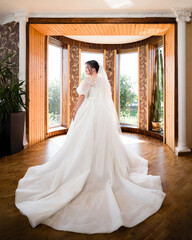 A beautiful bride in a flowing white wedding dress stands gracefully by a large bay window, bathed...