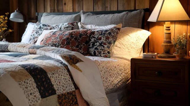 Cozy bedroom ambiance with patchwork quilt and warm lighting