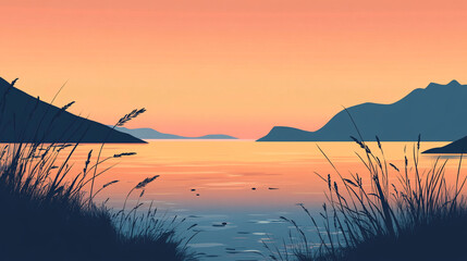 digital painting of a tranquil lake at sunset with warm glowing reflections and soft silhouettes of surrounding mountains and reeds
