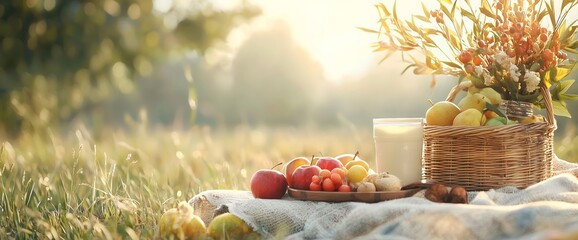 Fresh fruit basket on grass with sunlight, horizontal, ideal for harvest festivals, farmers markets, organic food promotions and healthy lifestyle content