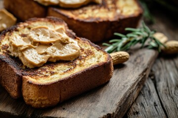 Fototapeta premium A slice of bread topped with creamy peanut butter, perfect for snacking or as part of a meal