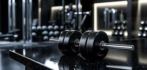 Naklejka premium A modern black gym countertop with barbells and dumbbells, perfect for displaying fitness or sports nutrition products.