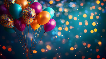 Vibrant celebration scene with colorful balloons and sparkling lights, creating a festive atmosphere perfect for parties and special events