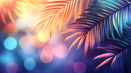Vibrant background featuring palm leaves and bokeh effects, ideal for tropical themes