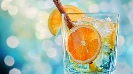 Vibrant cocktail in a glass with citrus slices and a cinnamon stick, set against a blurred background