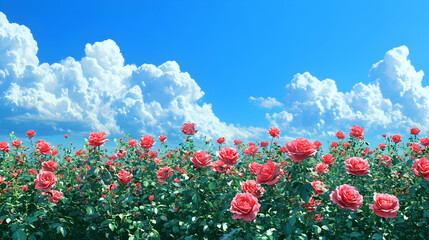 Vibrant field of blooming roses under a bright blue sky with fluffy clouds