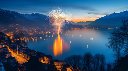 Vibrant fireworks illuminating the night sky over serene Lake Leman for New Year's Eve in Montreux, Switzerland