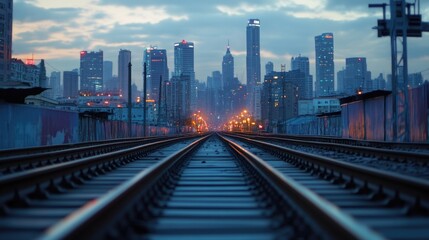 Obraz premium Train track scene with city skyline in the background