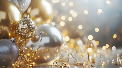 Vibrant gold and silver balloons, glittering confetti, and sparkling streamers adorning a festive table for a joyful New Year's Eve celebration