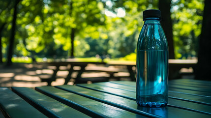 Vibrant image of a reusable water bottle resting on a picnic table, with a scenic park in the background
