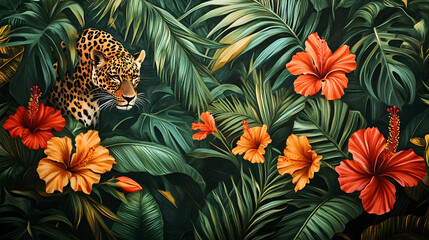 Vibrant jungle scene with lush green palm leaves, bright orange and red hibiscus flowers, and a subtle backdrop of leopard print