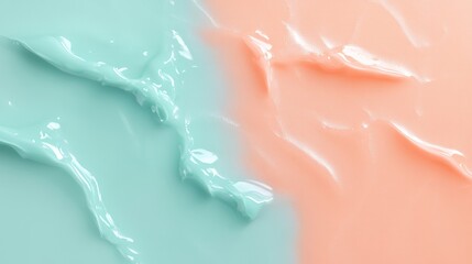 Fototapeta premium top-down view of overlapping translucent color spots in shades of teal and coral creating gradient effect