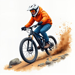 Obraz premium Biker rides mountain bike uphill. Action shot. Extreme sport. Person wears orange jacket, white helmet. Dusty trail. Minimalistic watercolor style. Outdoor adventure. Sporty, fun image. Mountain