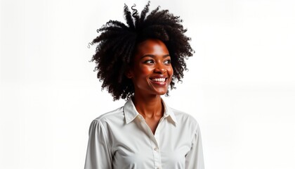 Smiling African woman looking left. Portrait of happy female model. Attractive lady with curly hair wearing a white shirt. Isolated on white background. Positive expression. Good for commercial use.