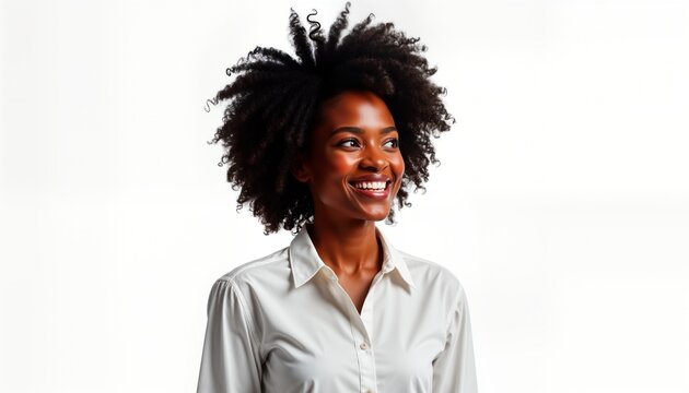 Smiling African woman looking left. Portrait of happy female model. Attractive lady with curly hair wearing a white shirt. Isolated on white background. Positive expression. Good for commercial use.
