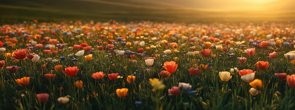 Springtime scenery with a colorful mix of flowers blooming across a lush grassy field, golden hour lighting - Powered by Adobe