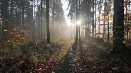 Obraz premium Rays of the sun breaking through the pine forest and the road in it. Coniferous trees tall and slender. Natural background. Illustration for cover, postcard, interior design, poster or presentation.