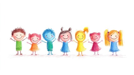 Fototapeta premium Happy children smiling and holding hands in a colorful drawing
