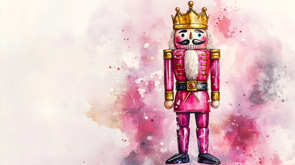 Vibrant pink nutcracker standing tall with a golden crown and intricate details, evoking festive spirit, captured in a watercolor illustration