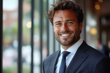 Fototapeta premium A professional man smiling directly at the camera, wearing a suit and tie