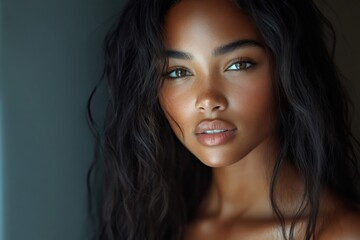 Fashion model posing with long dark hair and brown eyes