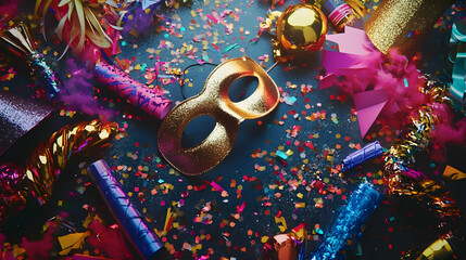 Vibrant scene of New Year party items on the floor, featuring glittering masks, noisemakers, party hats, and scattered confetti, evoking celebration and joy