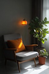 A comfortable living room with a chair and a potted plant, perfect for relaxation