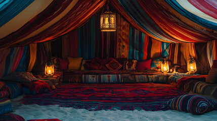 Vibrant shot of a Bedouin tent setup in the desert with traditional carpets, lanterns, and cushions creating a cozy atmosphere.illustration