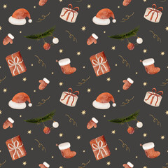 Watercolor seamless pattern New Year. Christmas illustration Santa's hat, stocking, mitten, gifts hand drawn on dark gray background for textiles, fabrics, packaging, clothes, printing, cards