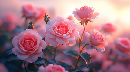 beautiful spring summer background of pink peony rose garden with gentle sunlight	
