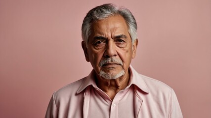 Fototapeta premium elderly hispanic male in casual wear on pastel color background model portrait looking serious for ad concept space for text