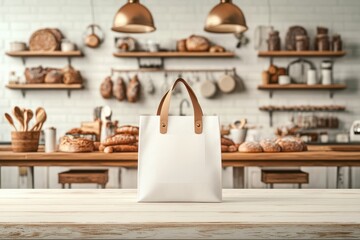 Charming bakery with a minimalist white bag placed on a rustic wooden table surrounded by fresh bread and pastries