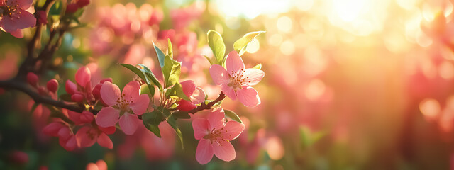 vibrant blossoms in focus, lush green grass, and sunlight filtering through, creating a cheerful ambiance