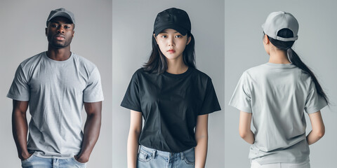 Sleek t-shirt and cap mockup collection showcasing front and back designs for catalogs, branding, and retail marketing campaigns.