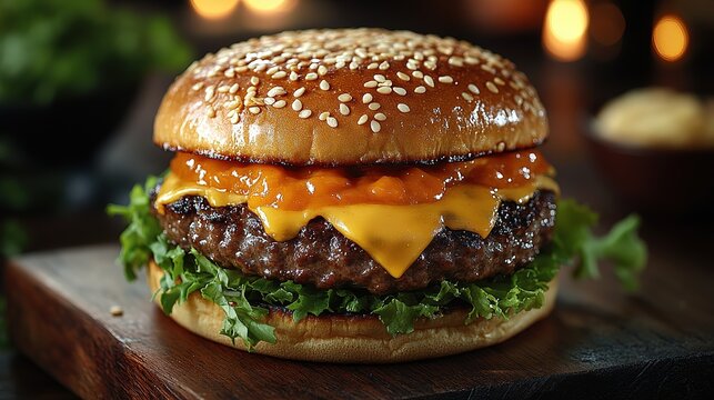 close up big cheese burger with many layers of meat and cheese