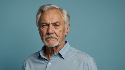 elderly caucasian male in casual wear on pastel color background model portrait looking serious for ad concept space for text