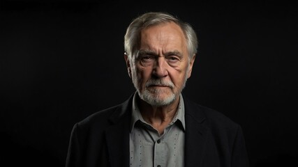 Obraz premium elderly caucasian male in casual wear on black background model portrait looking serious for ad concept space for text