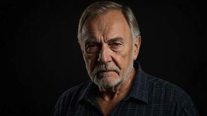 Obraz premium elderly caucasian male in casual wear on black background model portrait looking serious for ad concept space for text