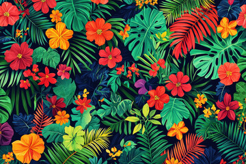 Vibrant jungle canopy pattern featuring tropical flowers and palm fronds on a navy background in high-resolution detail