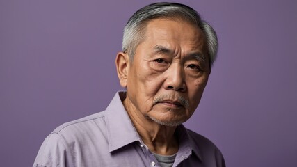 Obraz premium elderly asian male in casual wear on pastel color background model portrait looking serious for ad concept space for text