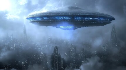 Fototapeta premium UFO in style of retrofuturism with light glowing 