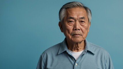 Obraz premium elderly asian male in casual wear on pastel color background model portrait looking serious for ad concept space for text