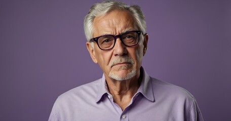 Obraz premium elderly american male in casual wear on pastel color background model portrait looking serious for ad concept space for text