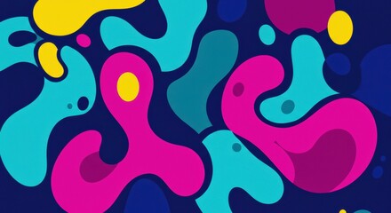 Abstract Swirl:  A vibrant and energetic abstract pattern featuring a swirling blend of pink, yellow, blue, and teal shapes against a deep blue background. The fluid.
