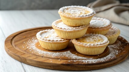 A stack of freshly baked egg tarts arranged on a wooden platter, with each tart adorned with a delicate sprinkle of powdered sugar, baked goods, kitchen