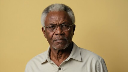 Obraz premium elderly african male in casual wear on pastel color background model portrait looking serious for ad concept space for text