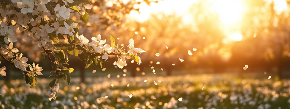 Wide-angle view of flowering apple trees with soft petals falling gently, glowing in warm spring sunlight