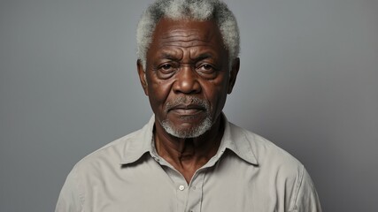 Obraz premium elderly african male in casual wear on pastel color background model portrait looking serious for ad concept space for text