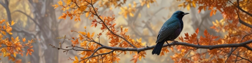 A starling perched on a thin branch of a deciduous tree with leaves changing colors during autumn, outdoor photography, woodland wildlife