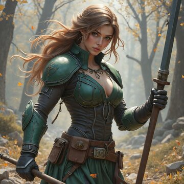 A female warrior in green armor with a spear standing in a forest.